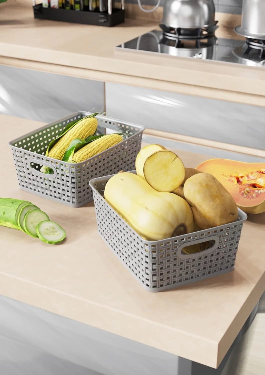 Weave Storage Organizer Baskets, Grey 6-Pack Plastic Woven Baskets 07FC0E-D4 - KOEEK