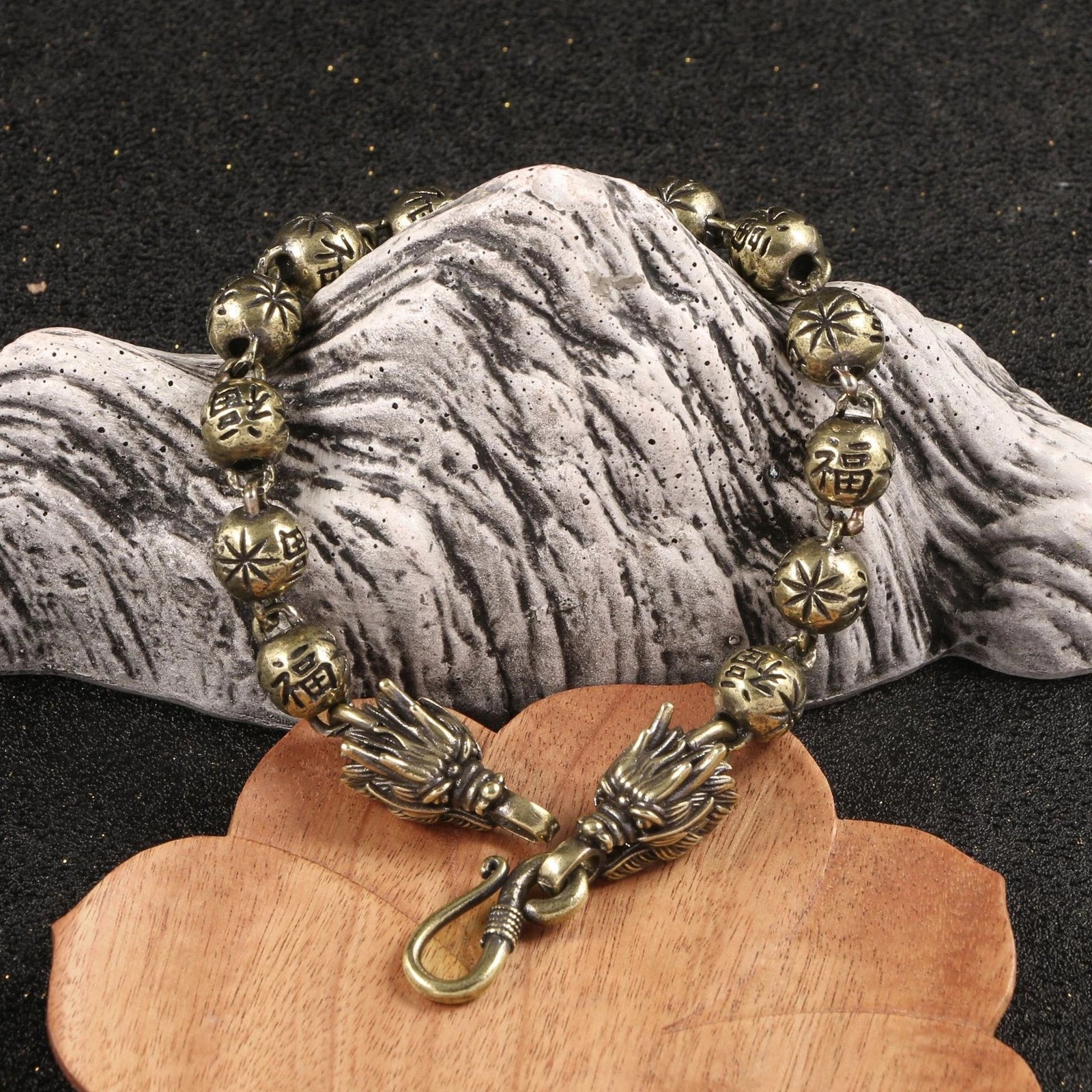 Vintage Zodiac Dragon Bracelet Brass Aged Bead Chain Buddha Charm Copper Jewelry 07FC0E-D4 - KOEEK