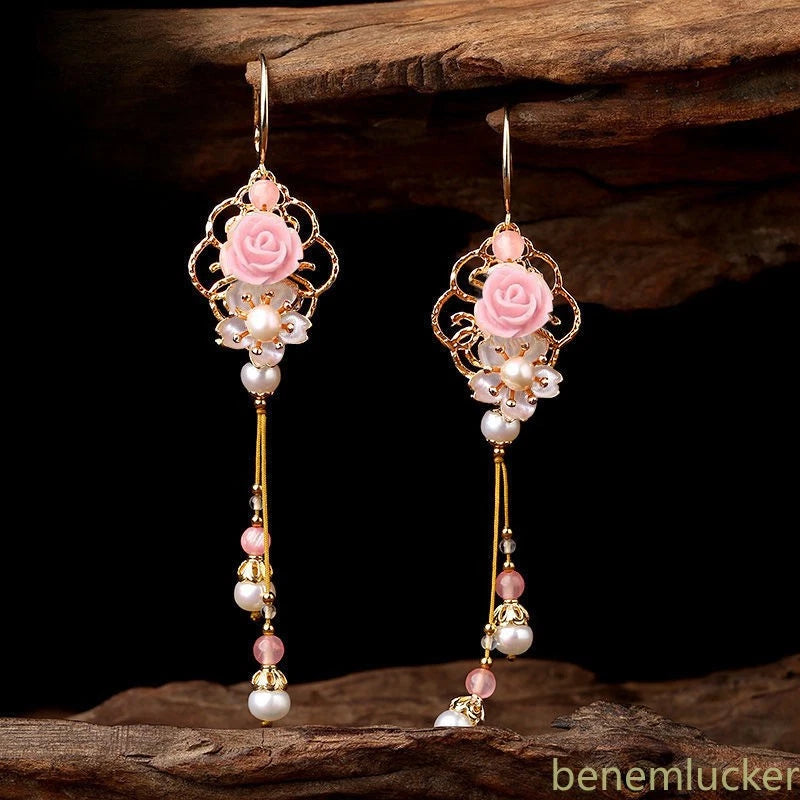 1Pair Chinese Ethnic Long Earrings Pink Flower Tassels Hanfu Accessories Jewelry 07FC0E-D4 - KOEEK