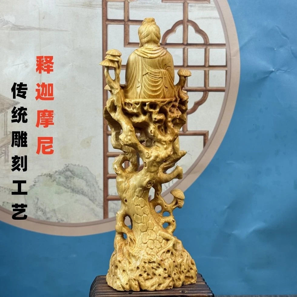 Cai Bai Wood Carved Sitting Buddha Figurine Home Décor Handicraft Wooden Statue 07FC0E-D4 - KOEEK