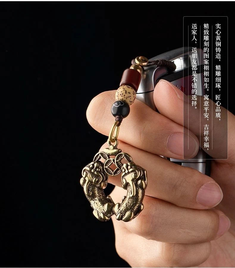Double Bite Pi Xiu Brass Mobile Pendant U Disk Keychain Retro Unisex Handmade 07FC0E-D4 - KOEEK