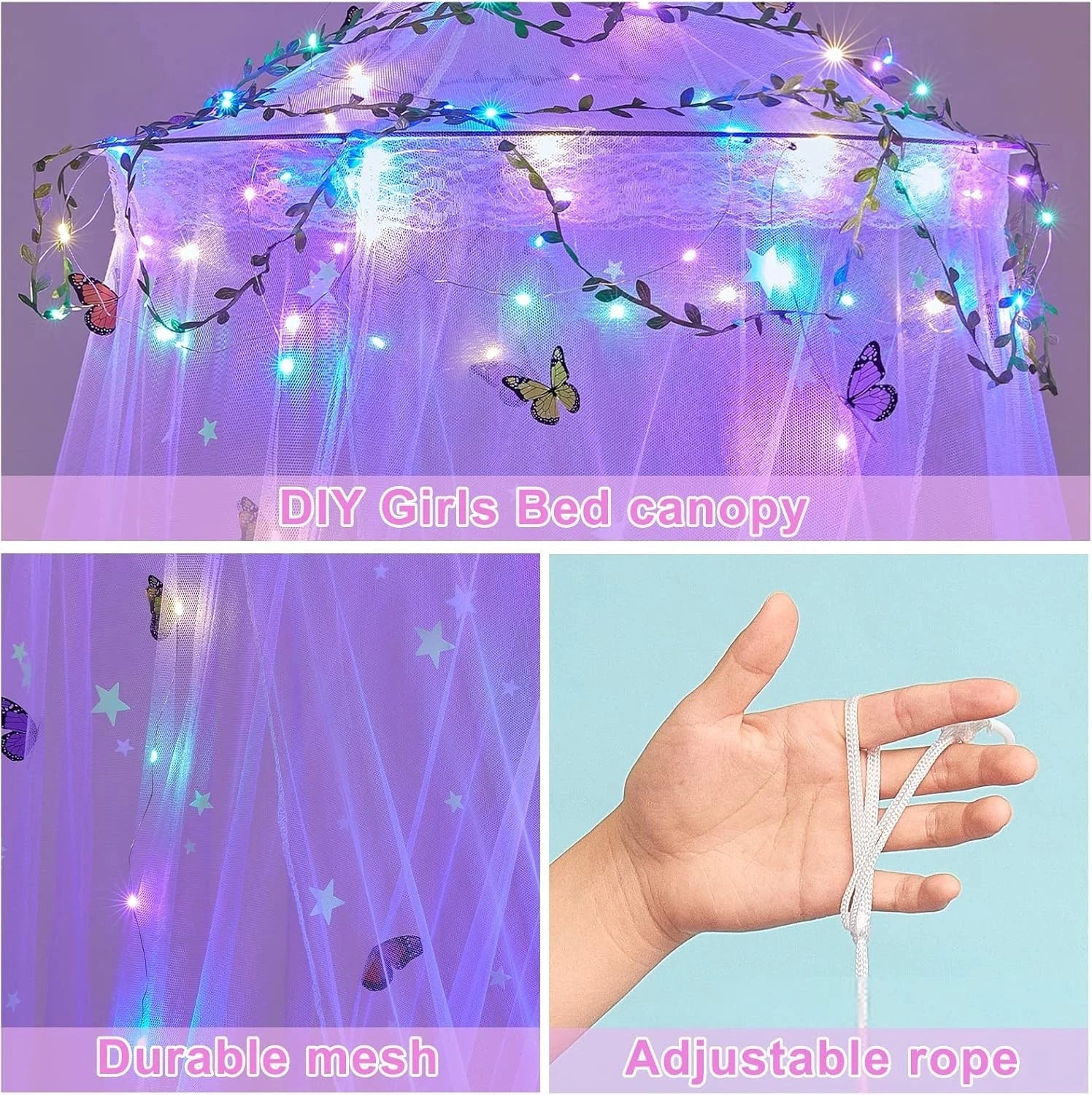 Bed Canopy for Girls Room Bed Canopy Curtains with Led Lights Mosquito Net DIY 07FC0E-D4 - KOEEK