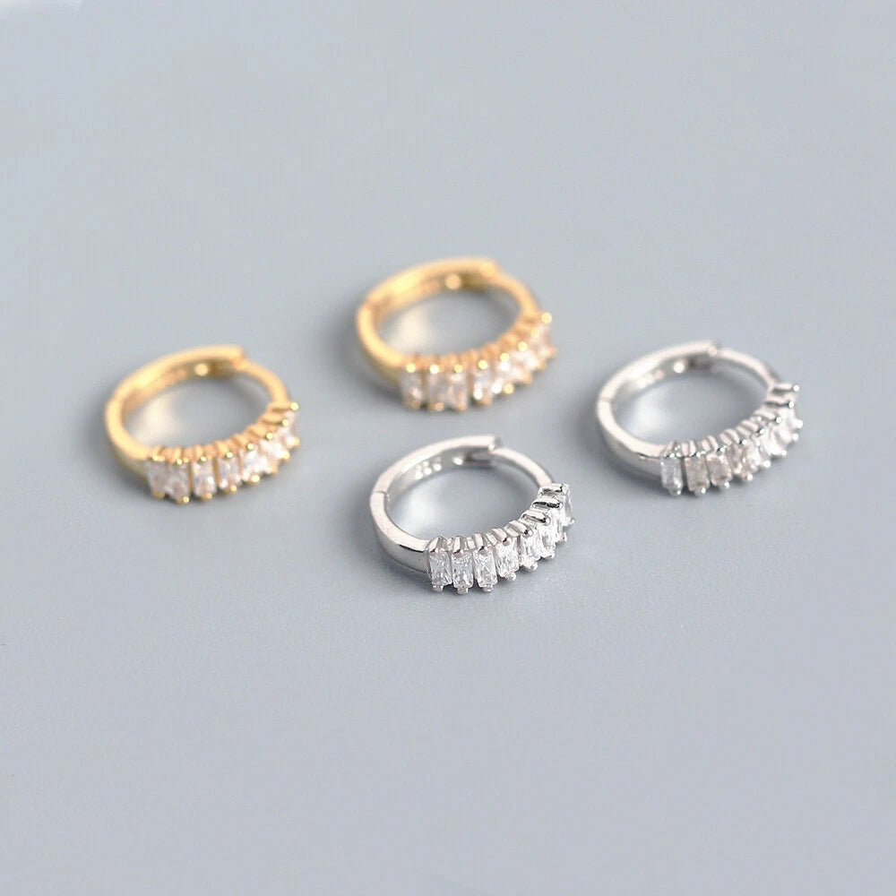 SMALL Sterling Silver Baguette CZ Zirconia Boho Huggie Hoop Earrings 07FC0E-D4 - KOEEK