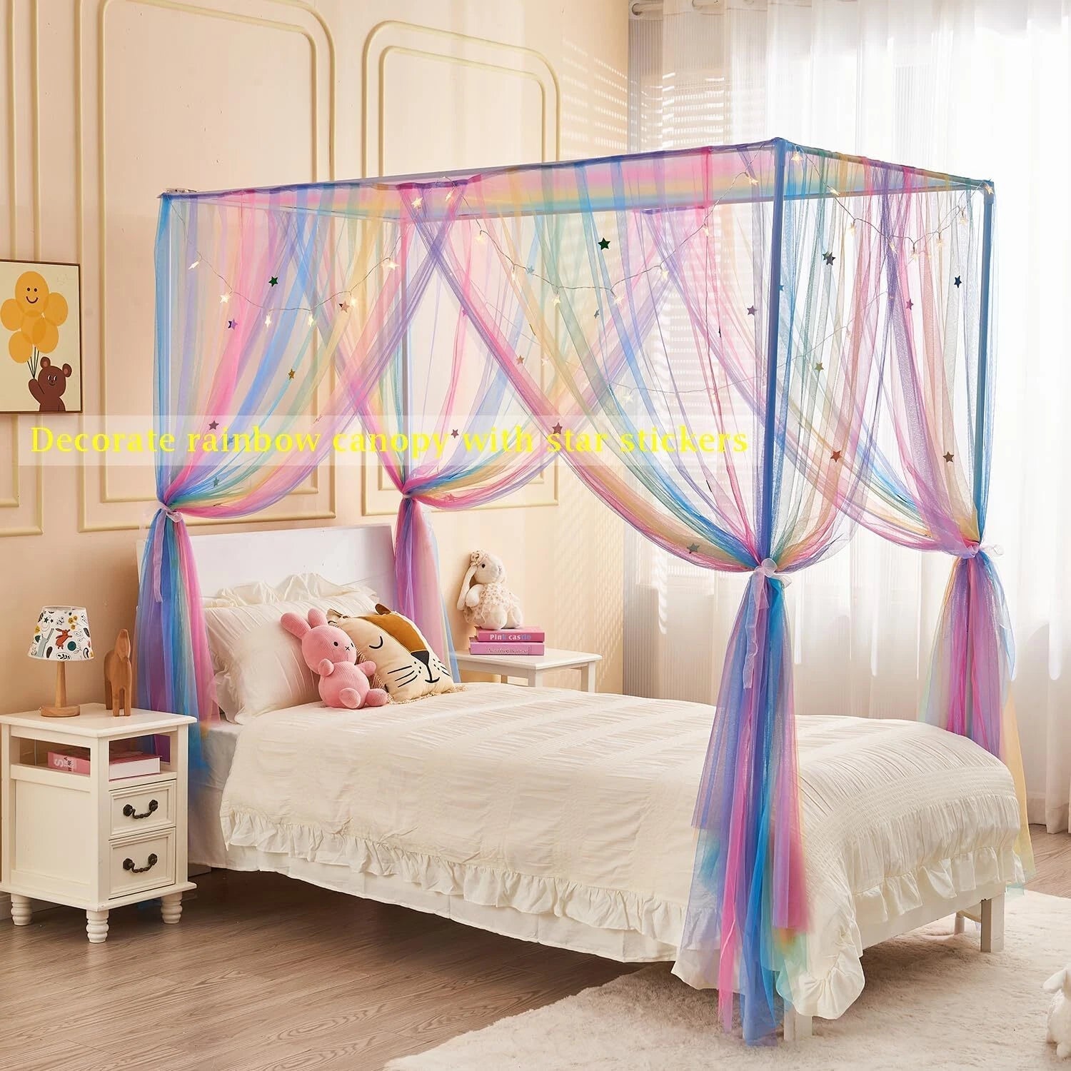 Rainbow Bed Canopy for Girls Kids with Light, 4 Corner Post Princess Canopy Bed 07FC0E-D4 - KOEEK