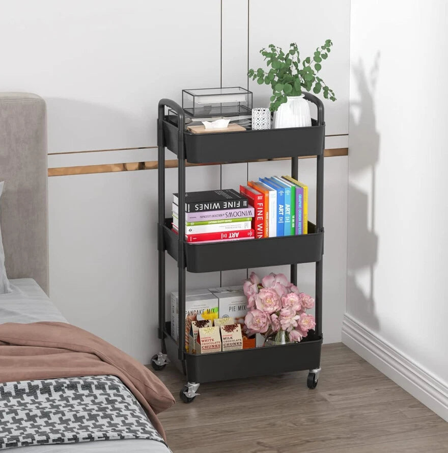 3-Tier Plastic Rolling Utility Cart with Handle,Multi-Functional Storage Trolley 07FC0E-D4 - KOEEK