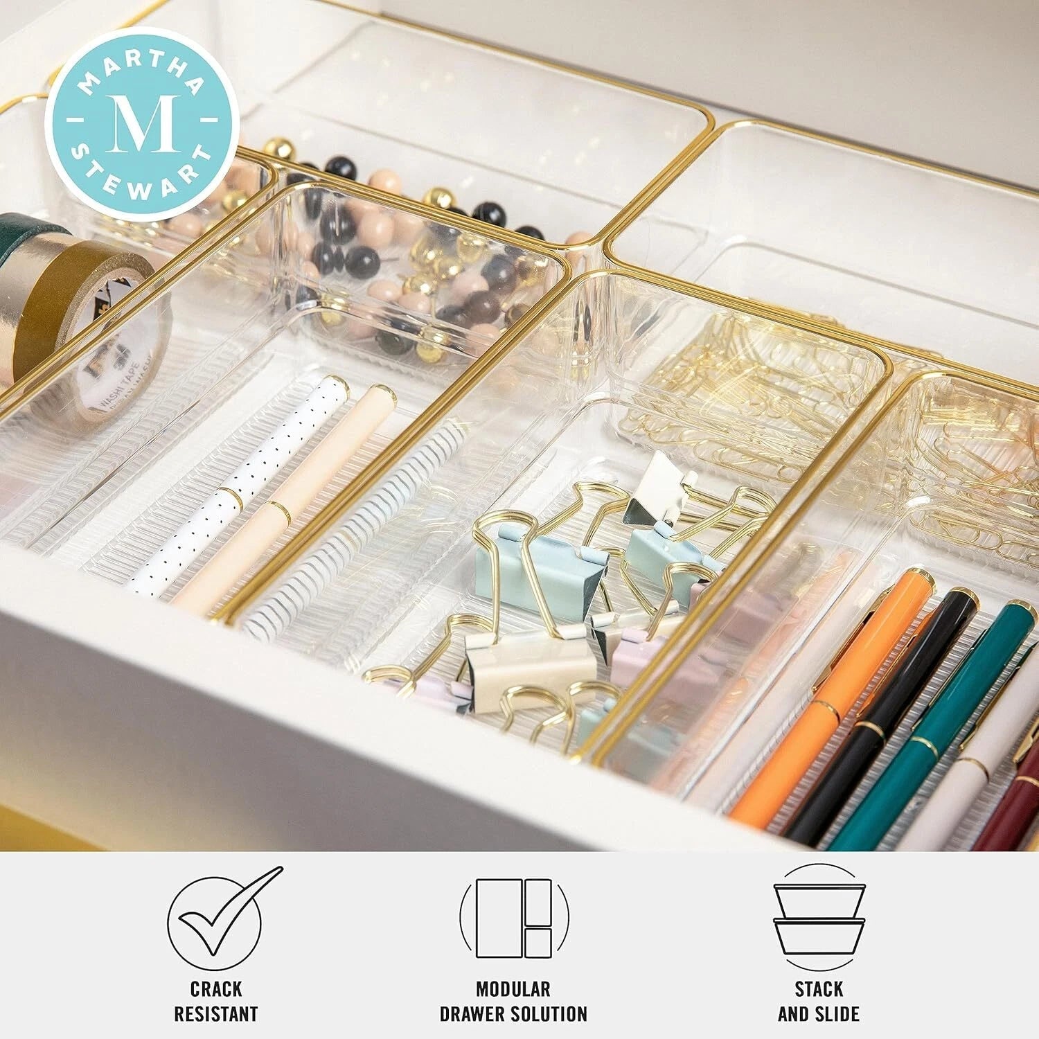 Kerry Plastic Stackable Office Desk Drawer Organizers, 6" x 3", 6 Pack,Gold Trim 07FC0E-D4 - KOEEK