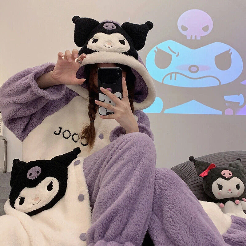 Kuromi My Melody Cinnamoroll Flannel Night-robe Pajama Pants Sleepwear Nightgown 07FC0E-D4 - KOEEK