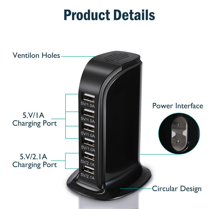 ny 6 Multi Port USB Type-C Hub Laderstasjon Tower Desktop Lader Strømadapter