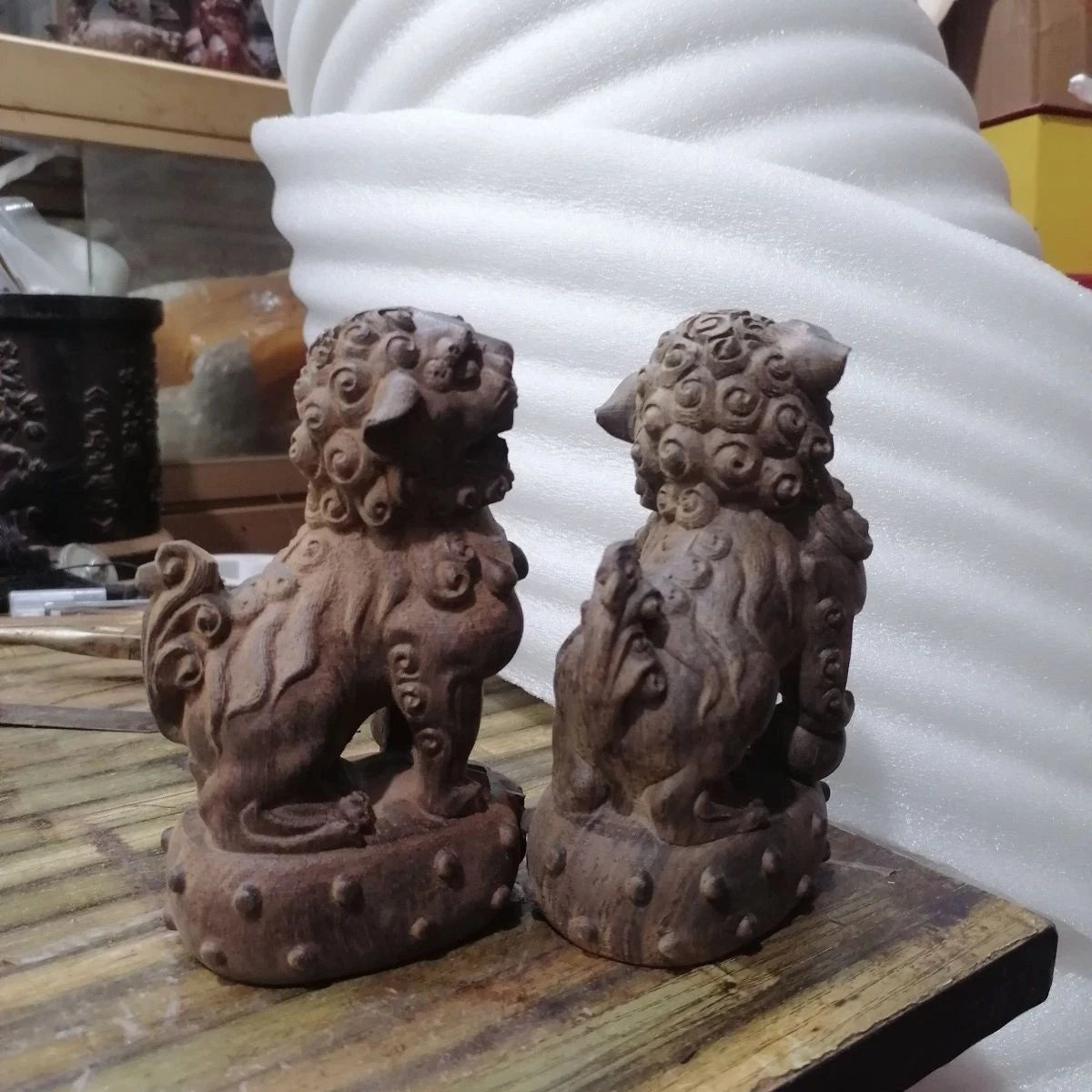 Agarwood Lion Pair Figurine Wood Carving Feng Shui Office Decor 9x14cm 07FC0E-D4 - KOEEK