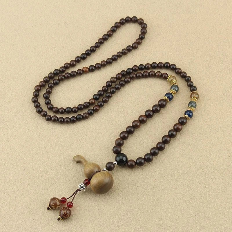 Green Sandalwood Gourd Pendant Necklace Unisex Wooden Bead Sweater Chain Vintage 07FC0E-D4 - KOEEK
