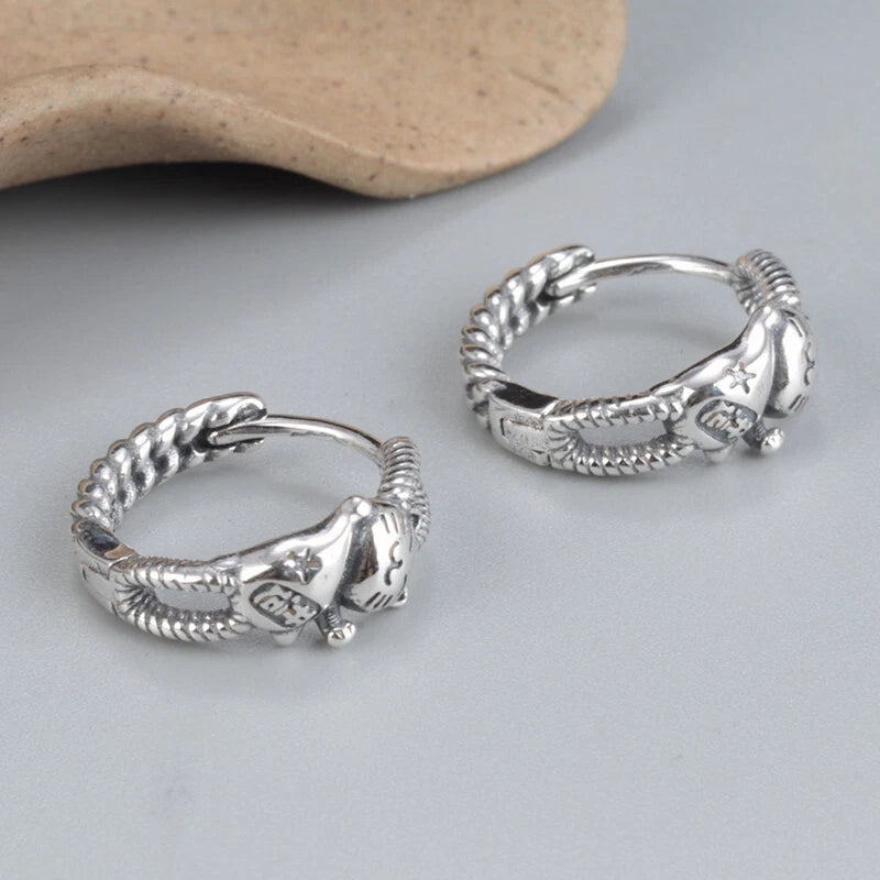Solid 925 Sterling Silver Rich Cat Lovely Hoop Earrings 14mm Hoop 07FC0E-D4 - KOEEK