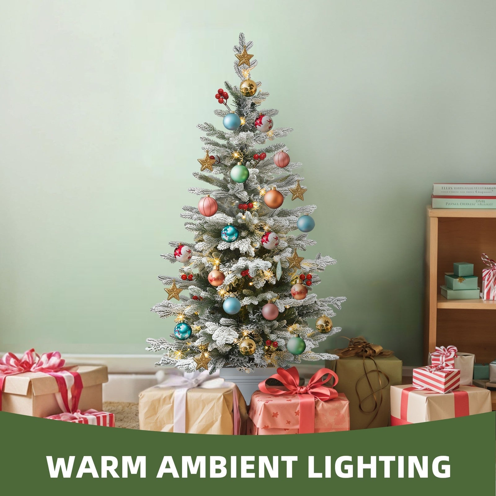 4.5ft Potted Pre-Lit Flocked Pencil Christmas Tree Slim Fir Tree with 100 Lights 07FC0E-D4 - KOEEK