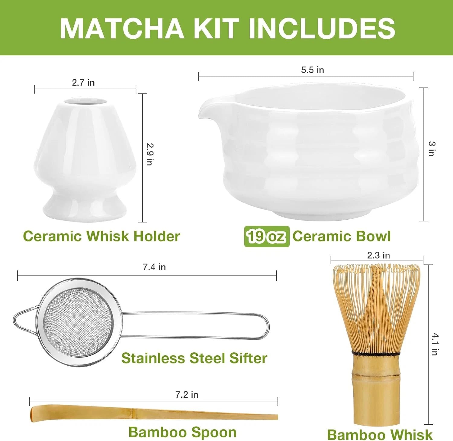 Matcha Whisk Set, Japanese Tea Set (5pcs) includes Matcha Bowl with Spout (19 oz 07FC0E-D4 - KOEEK