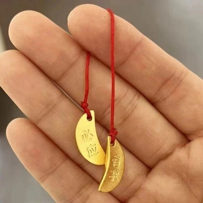 Gold Plated Holy Cup Keychain Red Cord Chinese Style  Blessing Charm 07FC0E-D4 - KOEEK