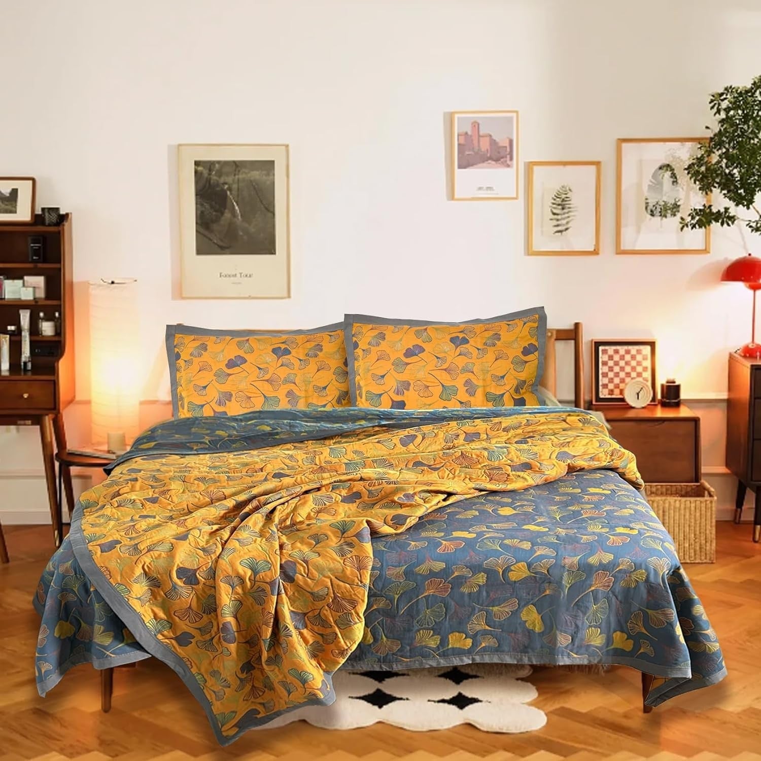 new 3 Piece Ginkgo Quilt Set with 2 Pillow Shams Queen Quilt, Orange 07FC0E-D4 - KOEEK