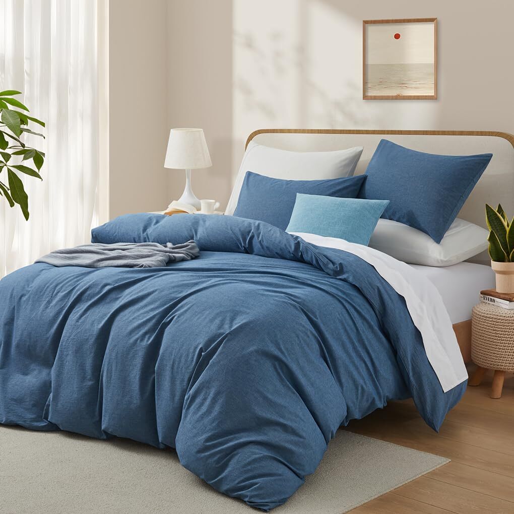 new LOVQUE  Washed Cotton Duvet Cover Queen Size, Denim Blue Queen,
