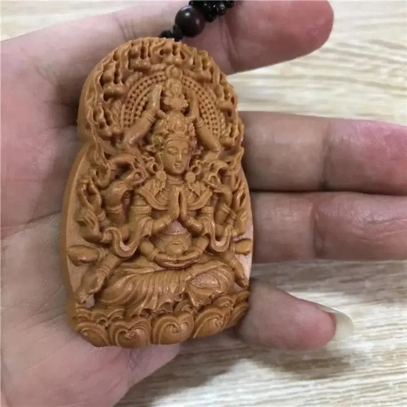 Natural Sandalwood Thousand-hand Guanyin Pendant Amulet Buddha Plaque Necklace 07FC0E-D4 - KOEEK