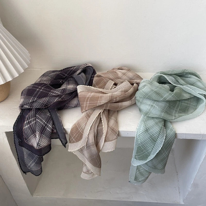 Womens Casual Plaid Pleated Head Scarf Bandana Preppy Breathable Shawl Scarves 07FC0E-D4 - KOEEK
