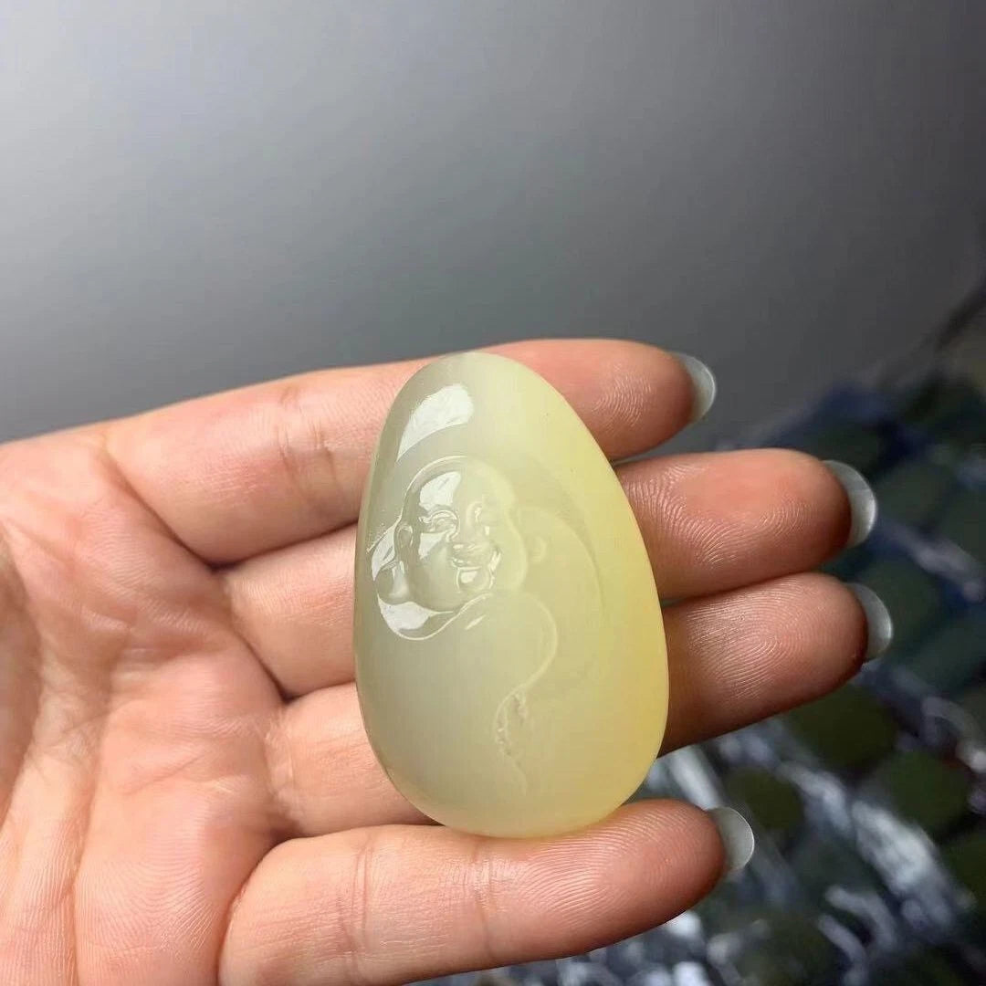 White Jade Rough Stone Hetian Blue Maitreya Buddha Attracts Wealth 07FC0E-D4 - KOEEK