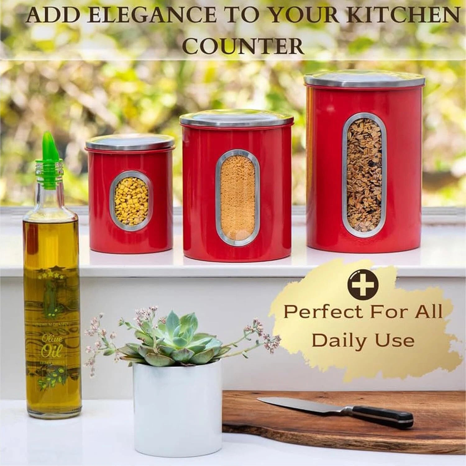 3 Piece Red Canisters Sets For The Kitchen, Kitchen Jars With See Through Window 07FC0E-D4 - KOEEK
