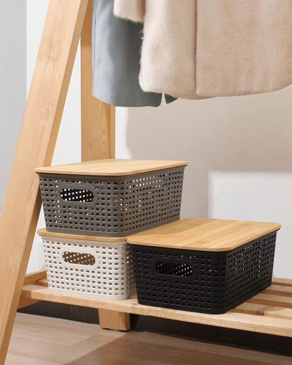 Storage Bins with Bamboo Lids Set of 6 Lidded Storage Container Plastic Baskets 07FC0E-D4 - KOEEK