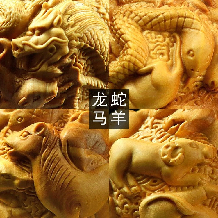 Boxwood Zodiac Carved Ball Handheld Ornament Wooden Craft Gift Decor 1 Pair 07FC0E-D4 - KOEEK