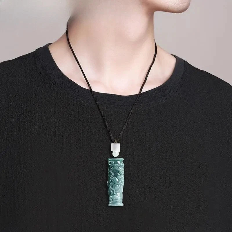 Exquisitely Natural Jadeite Handcarved Dragon Pillar Pendant Amulet Necklace 07FC0E-D4 - KOEEK