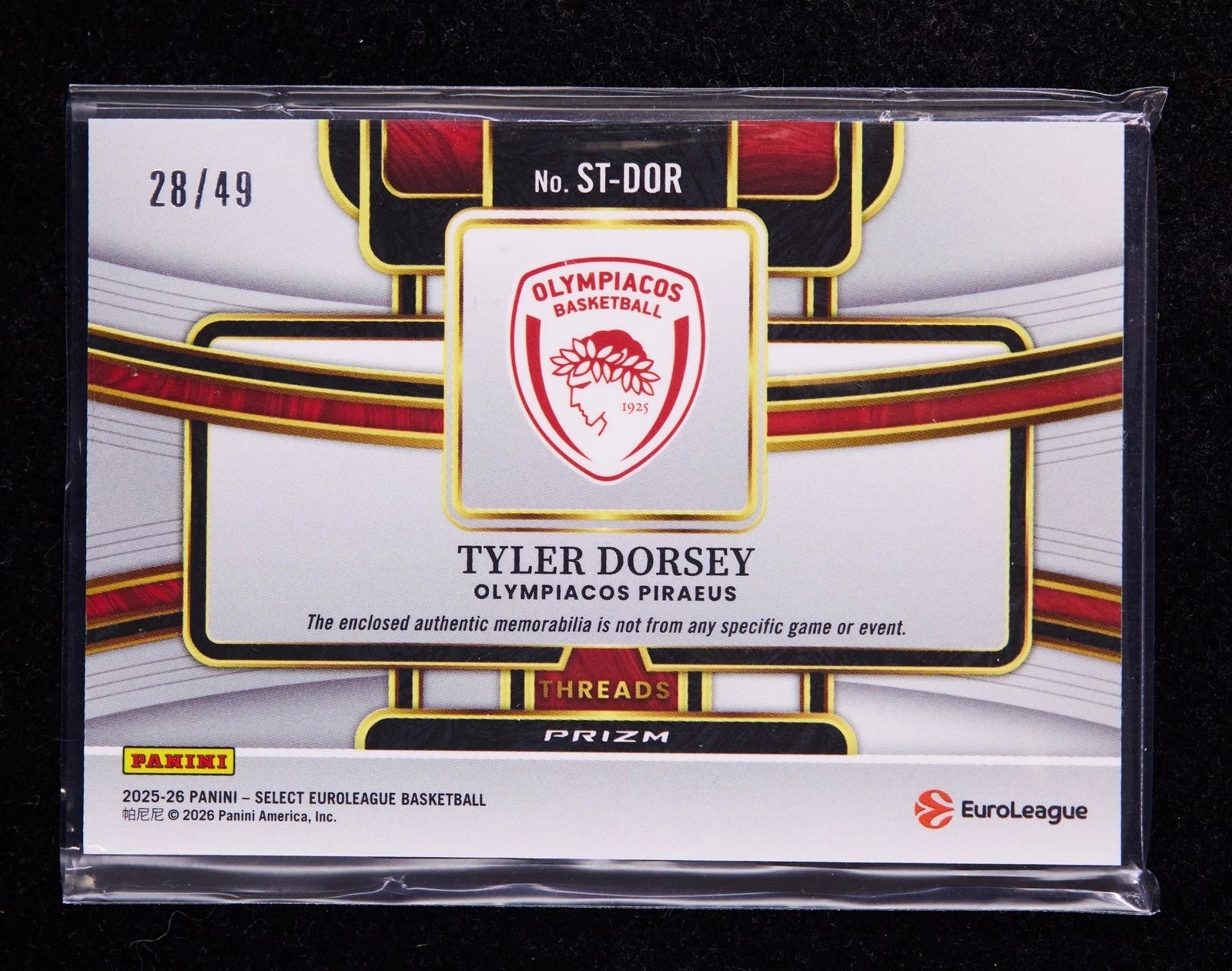 Tyler Dorsey 2025-26 Panini Select Euroleague Threads Patch White 28/49 [wyf251 07FC0E-D4 - KOEEK