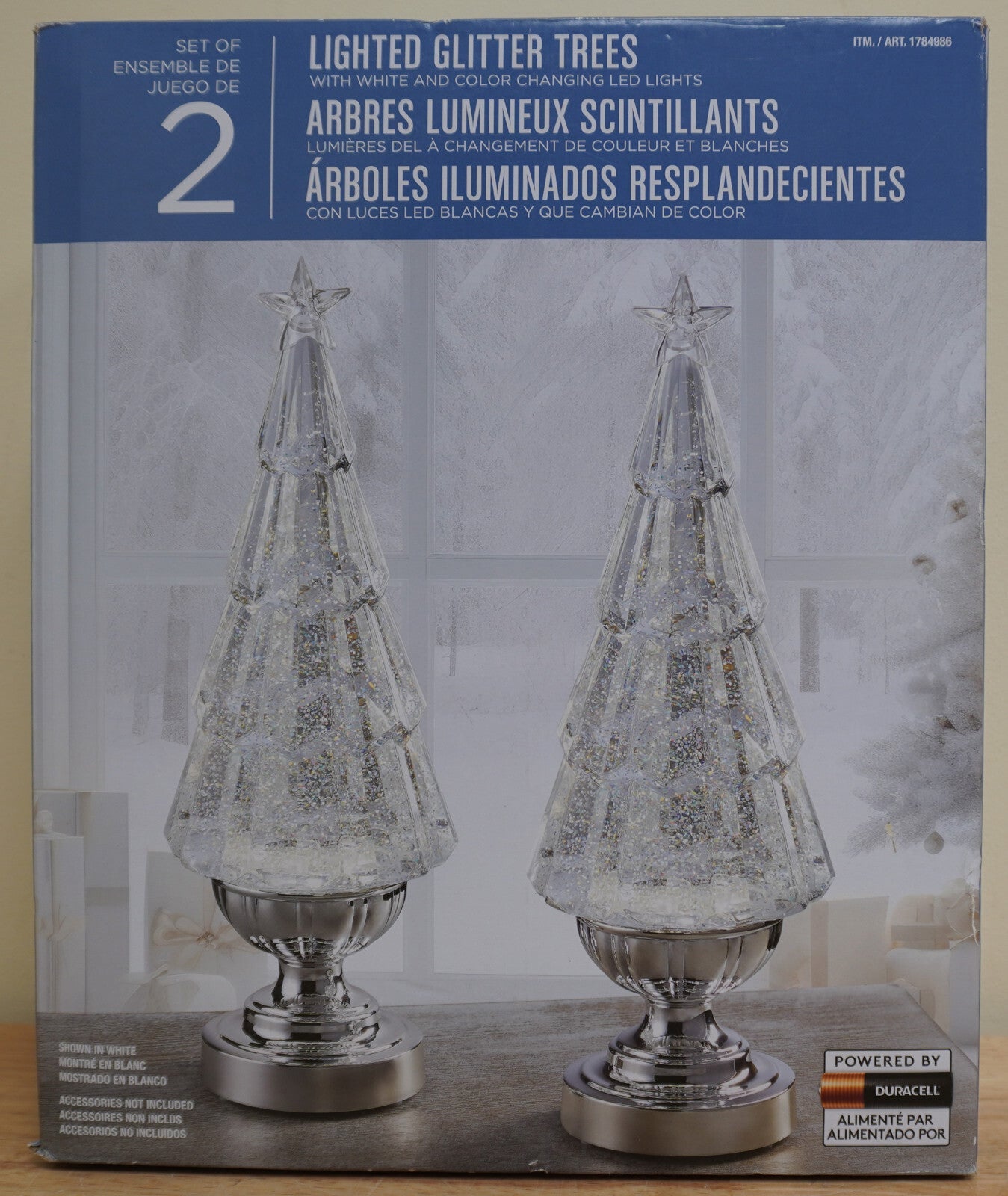 Pair of 2 Lighted 14" Glitter Trees White and Color Changing Snowglobe Christmas 07FC0E-D4 - KOEEK