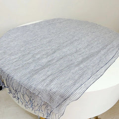 Womens Blue Pinstripe Tasseled Scarf Unisex Soft Flax Linen Bandana Wrap Scarves 07FC0E-D4 - KOEEK