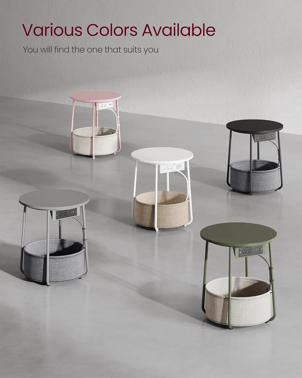 Side table with charging seat, round end table with fabric basket, slate gray 07FC0E-D4 - KOEEK