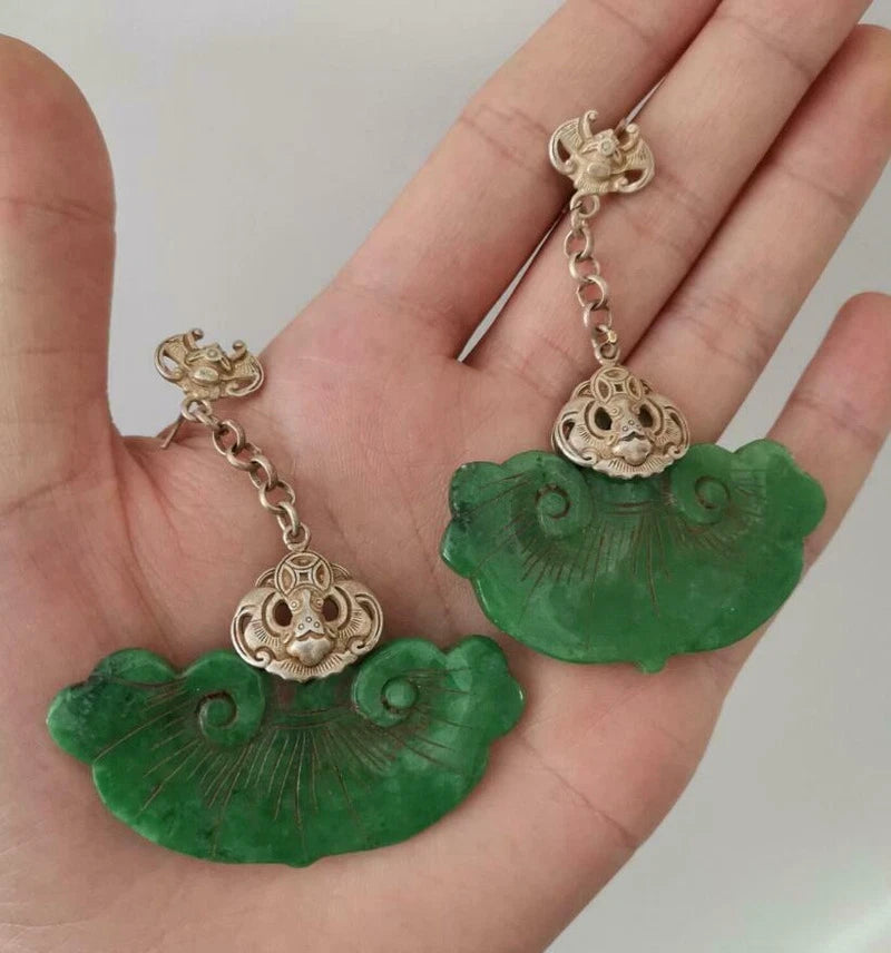 A Pair Chinese Antique Tibetan Silver Inlaid Lucky Natural Jewelry Jade Earrings 07FC0E-D4 - KOEEK