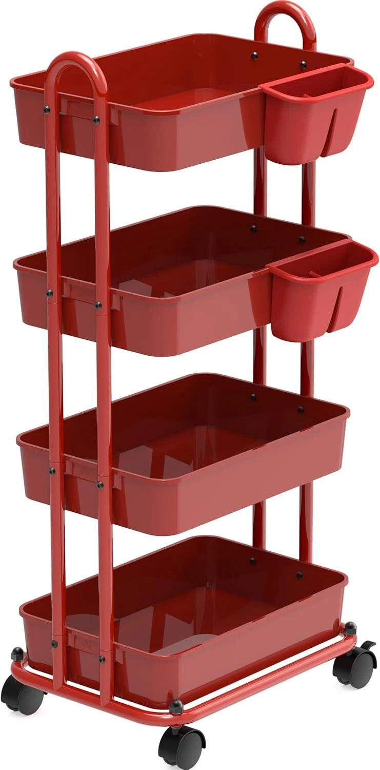 4-Tier Multi-Purpose Rolling Utility Cart with Bucket, Red 07FC0E-D4 - KOEEK