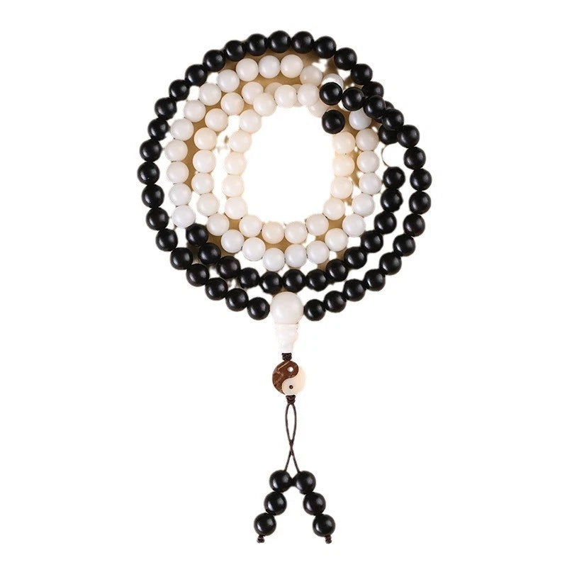 8mm White Bodhi Black Ebony Bead 108 Beads Taoist Yin Yang Bagua Bracelet 07FC0E-D4 - KOEEK