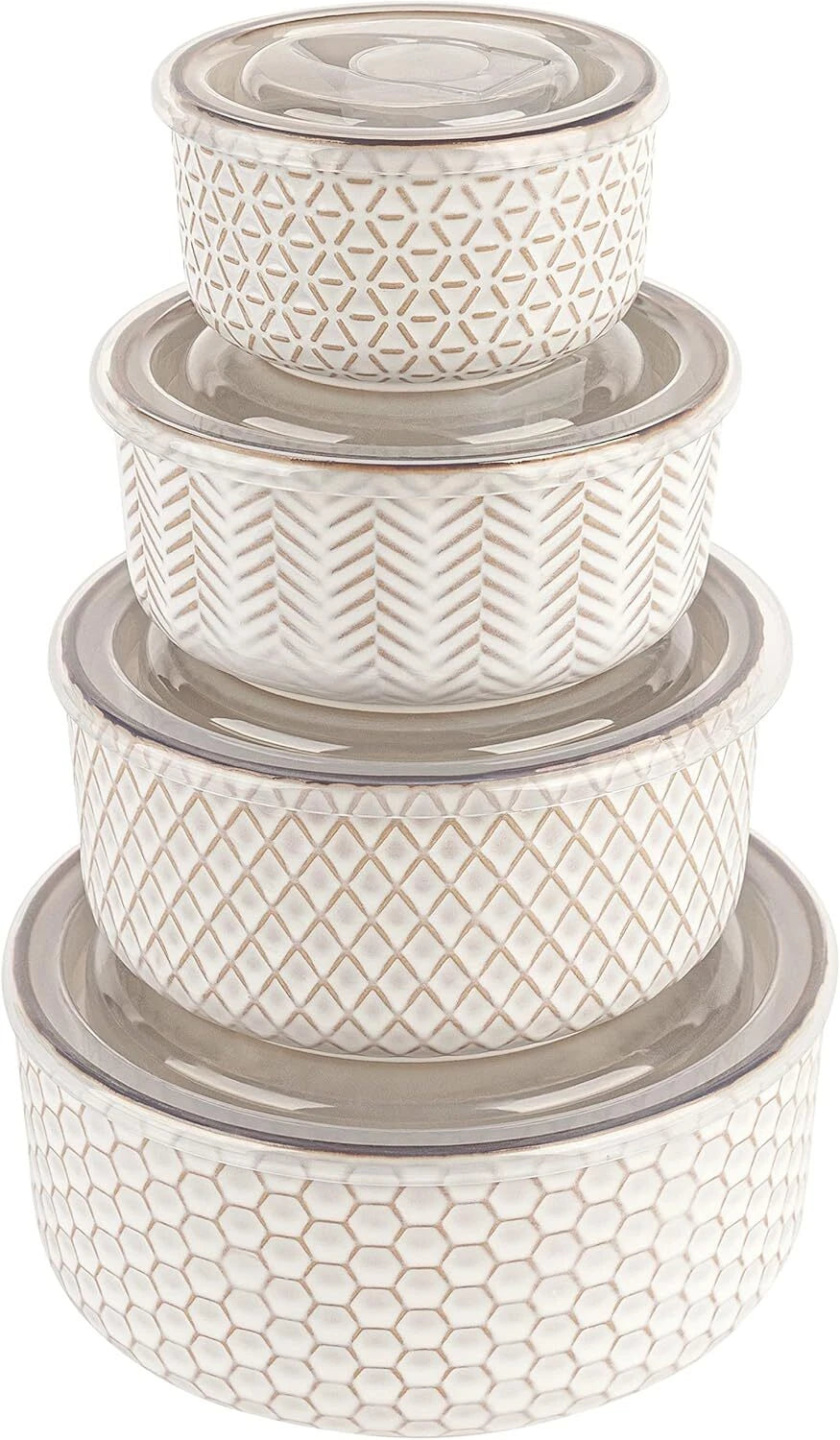 Ceramic Nesting Bowl with Lid, Embossed, Food Storage Container, Kitchen Bowl 07FC0E-D4 - KOEEK