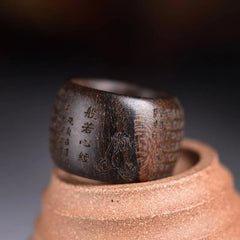 Agarwood Heart Sutra Thumb Ring Carved Wood Band Handmade Unisex Gift 07FC0E-D4 - KOEEK