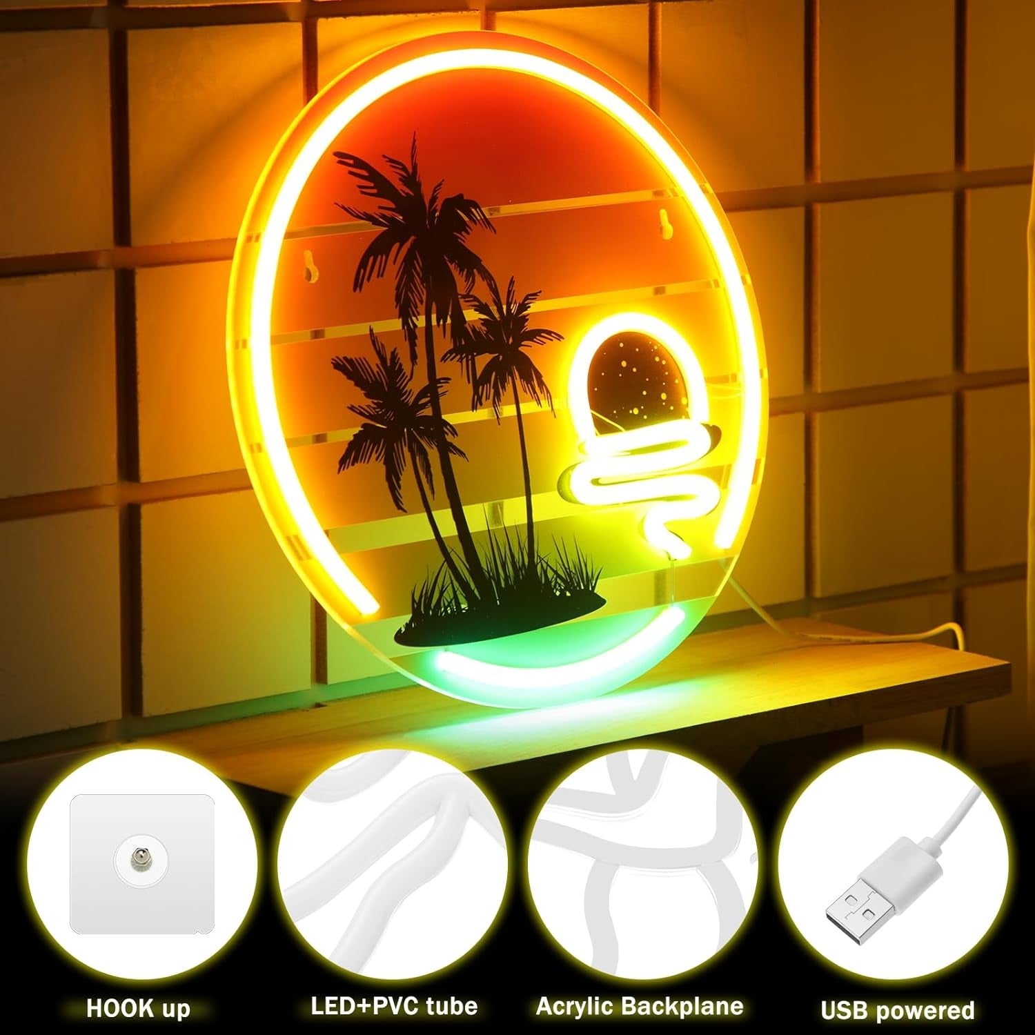 new Palm Tree Sunset Neon Sign Light for Wall Yellow, Orange, Multicolor 07FC0E-D4 - KOEEK