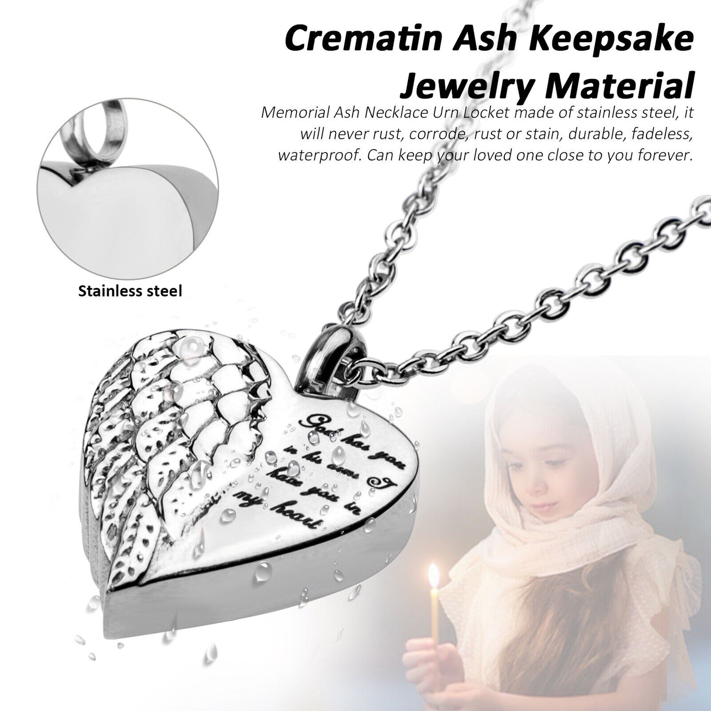 Silver Cremation Heart Urn Necklace Keepsake Ash Holder Memorial Jewelry Pendant