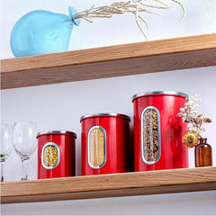 3 Piece Red Canisters Sets For The Kitchen, Kitchen Jars With See Through Window 07FC0E-D4 - KOEEK
