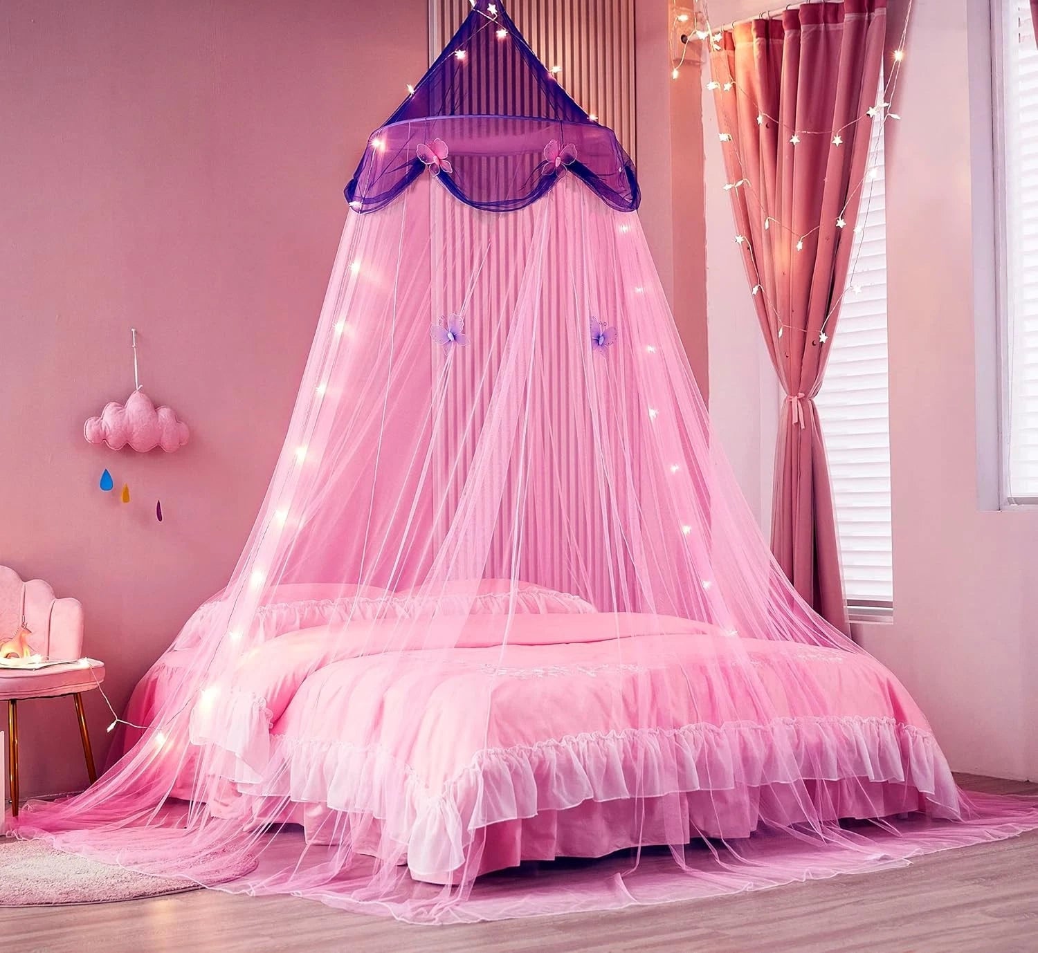 Bed Canopy with Lights,Bed Canopy for Girls Canopy Bed Curtains Girls Bedroom 07FC0E-D4 - KOEEK