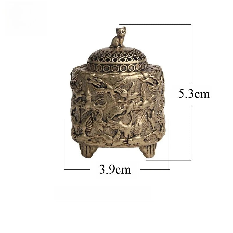 5.3cm Brass Hand-carved Crane Cat Lid Incense Burner Home Decoration Censer 07FC0E-D4 - KOEEK