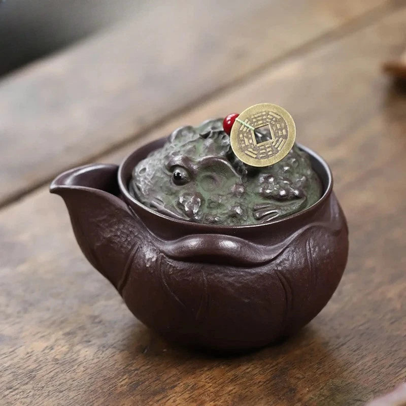 160ml Yixing Purple Clay Handmade Golden Toad Hand Grab Pot Tea Kettle Teaware 07FC0E-D4 - KOEEK