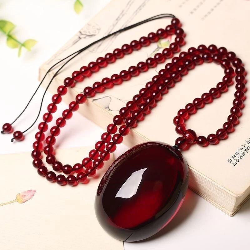 Natural Red Resin Pendant Long Sweater Chain Necklace Jewelry for Women 07FC0E-D4 - KOEEK