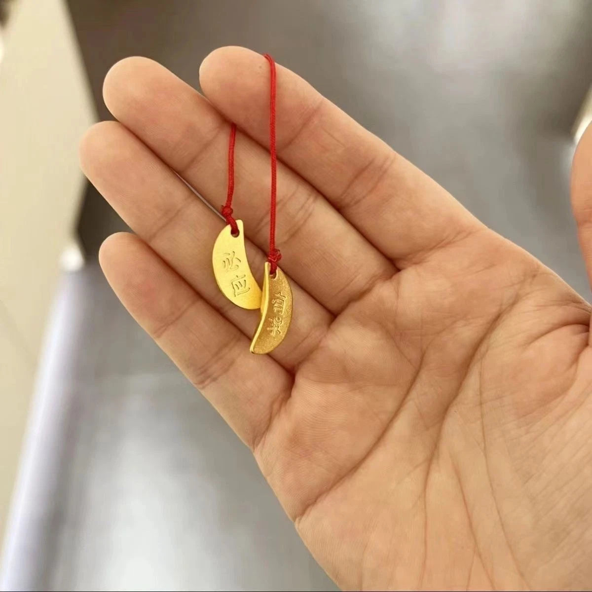 Gold Plated Holy Cup Keychain Red Cord Chinese Style  Blessing Charm 07FC0E-D4 - KOEEK