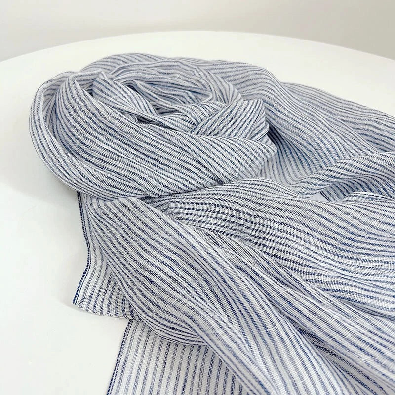 Womens Blue Pinstripe Tasseled Scarf Unisex Soft Flax Linen Bandana Wrap Scarves 07FC0E-D4 - KOEEK