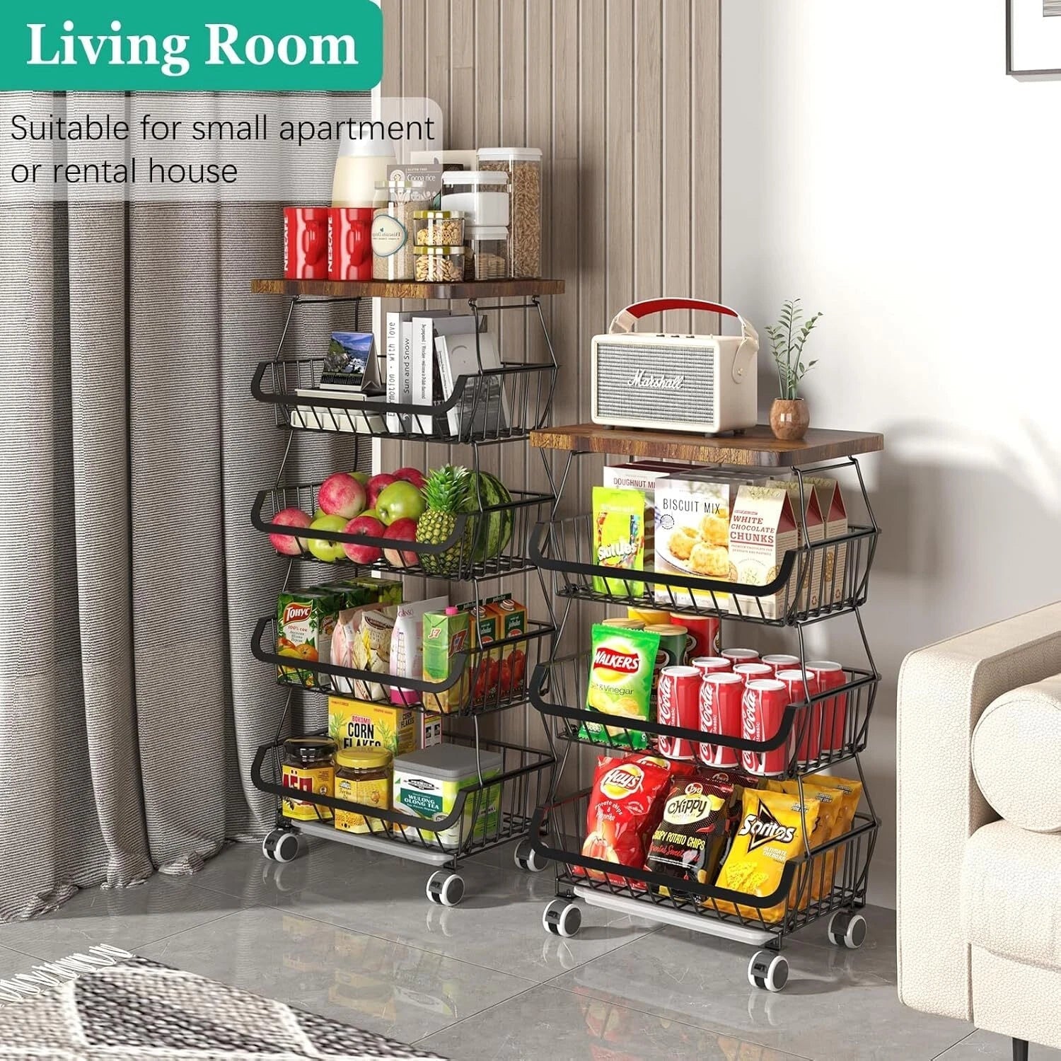 Kitchen Fruit Basket with Wooden Lid, 4 Tier Stackable Wire Storage Basket 07FC0E-D4 - KOEEK