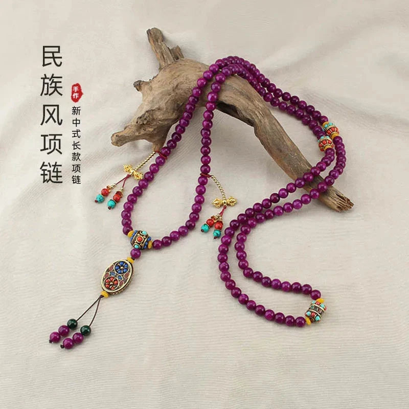 Exquisite Retro Nepal Luck Stone Long Necklace Tassel Crossbody Chain Bracelet 07FC0E-D4 - KOEEK