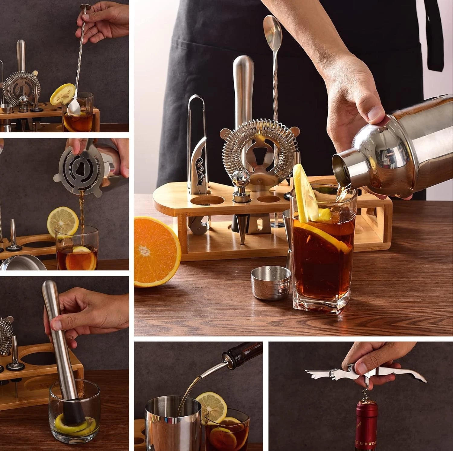 Cocktail Shaker Set Bartender Kit : 12-Piece Bar Tool Set with Bamboo Stand 07FC0E-D4 - KOEEK