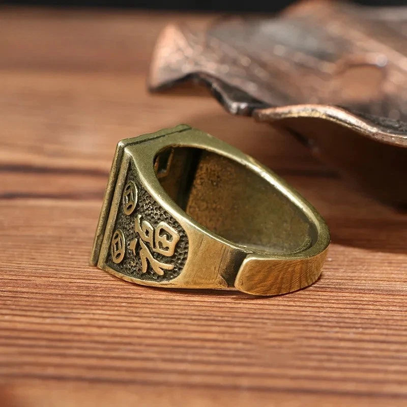 Retro Brass Sakyamuni Buddha Heads Ring Hand-carved Finger Ring Buddhism Rings 07FC0E-D4 - KOEEK