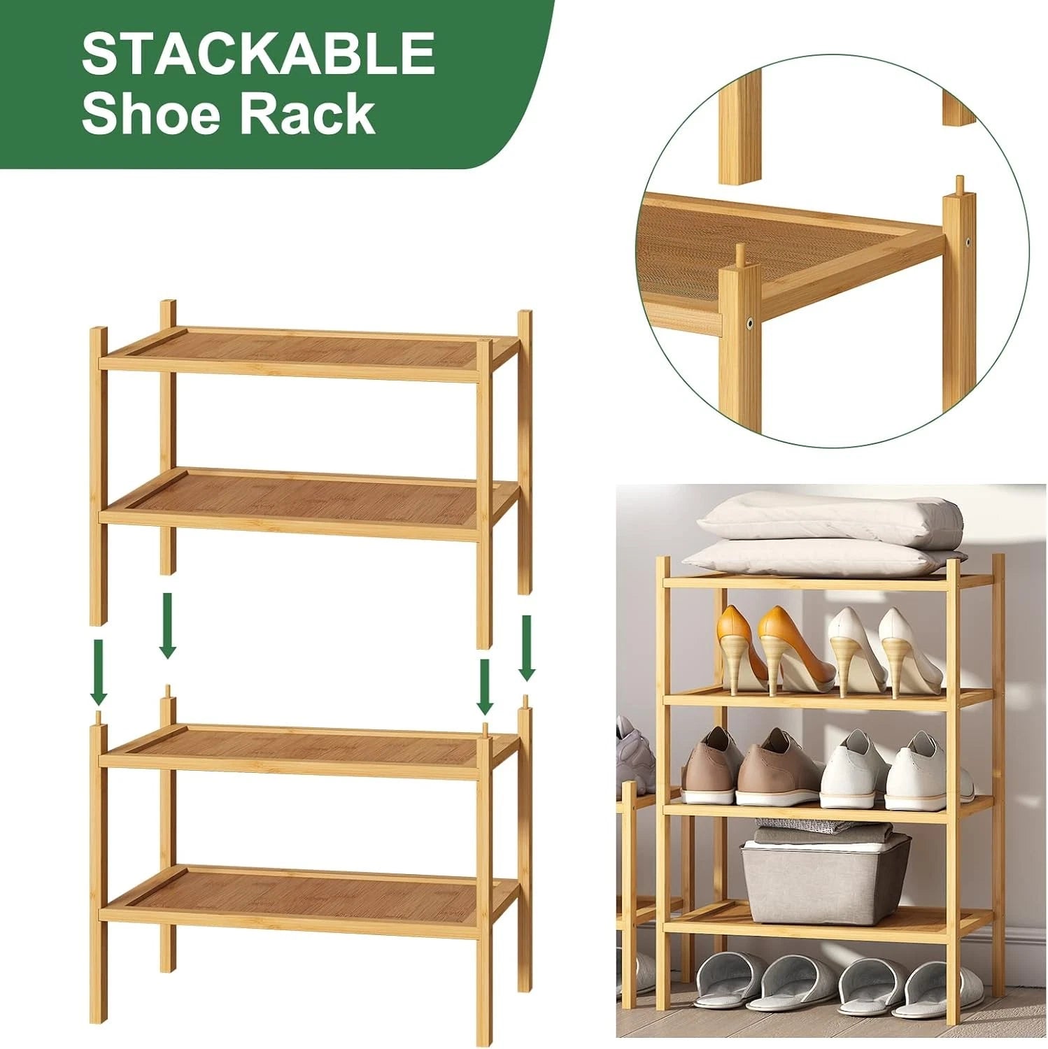 Small shoe rack, two-tier bamboo and wood shoe rack 07FC0E-D4 - KOEEK